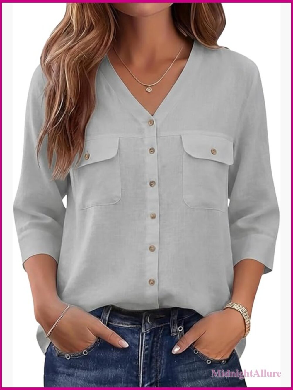 Women's Button Down Shirt 3/4 Sleeve V Neck Blouse Lightweight Office Tops with